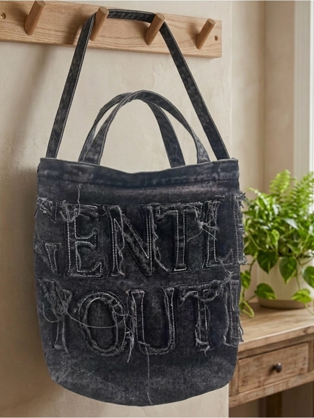 Gentle Youth Y2K Distressed Black Denim Tote Bag with Frayed Lettering